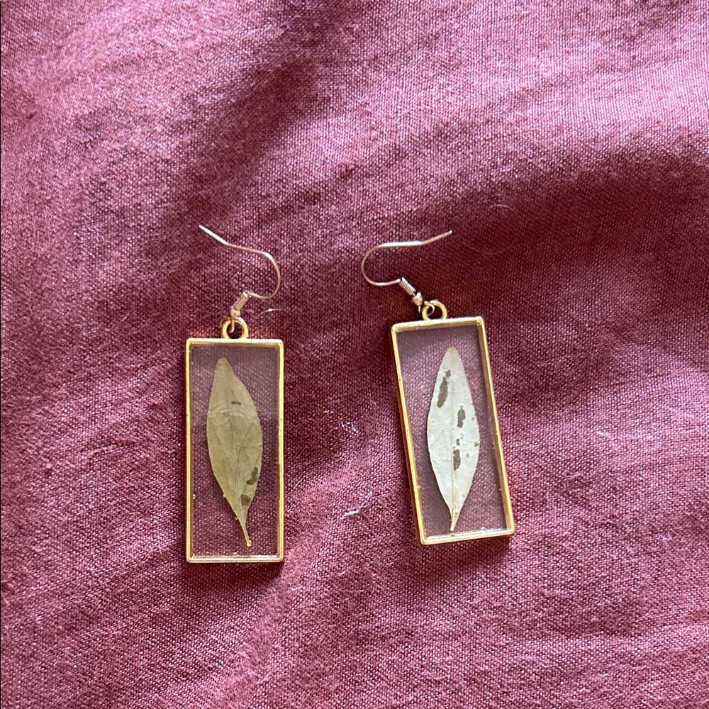 Gold Rectangular Leaf Drop Earrings - Women Jewelry